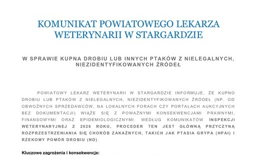 Zdjęcie do KOMUNIKAT POWIATOWEGO LEKARZA WETERYNARII W STARGARDZIE