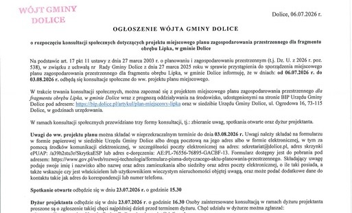 Zdjęcie do GŁOSZENIE WOJTA GMINY DOLICE Dolice o rozpoczęciu konsultacji społecznych dotyczących projektu miejscowego planu zagospodarowania przestrzennego dla fragmentu obrębu Lipka