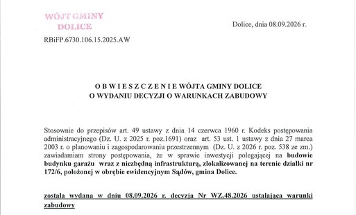 Zdjęcie do Obwieszczenie W&oacute;jta Gminy Dolice o wydaniu decyzji o warunkach zabudowy WZ.48.2026